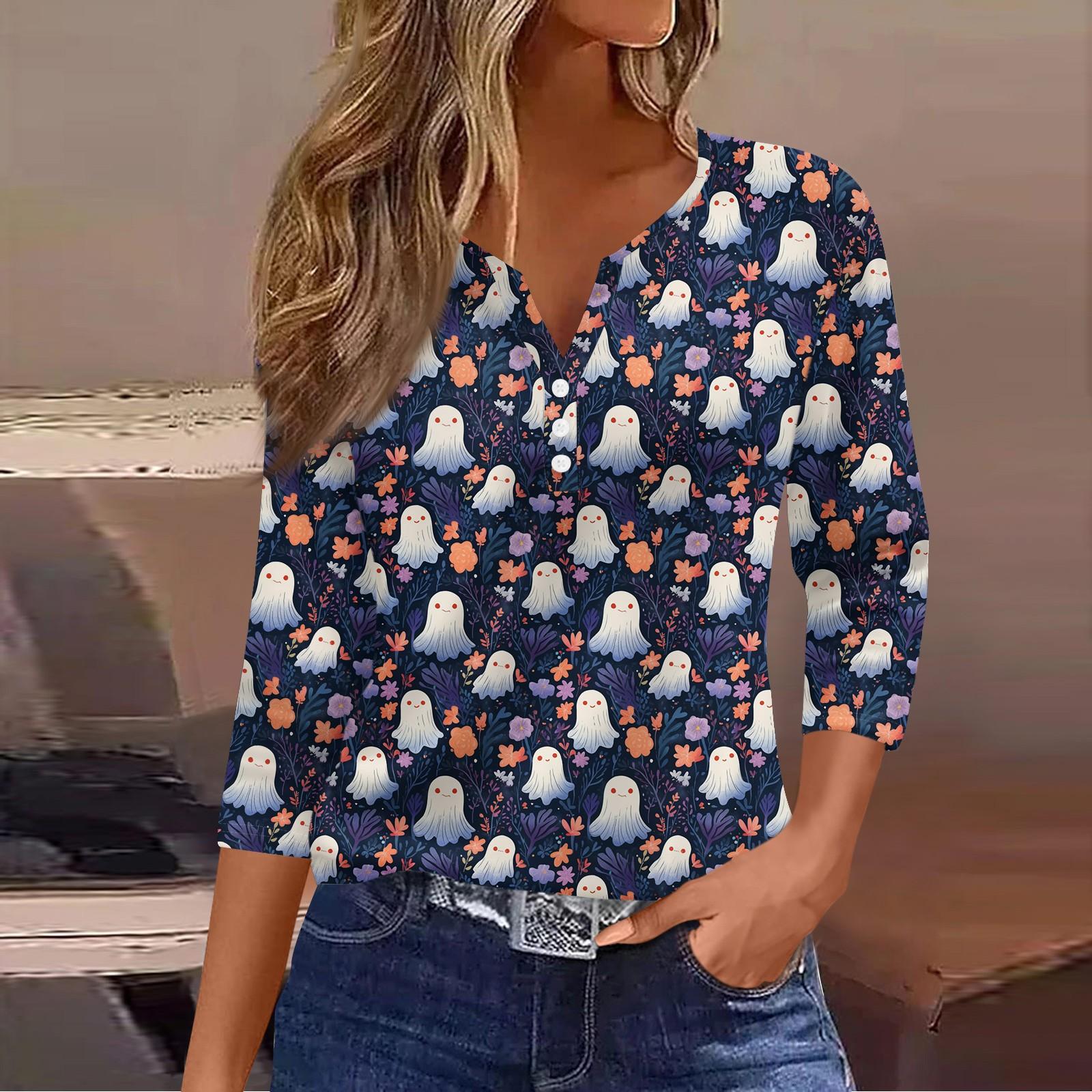 

3/4 Length Sleeve Womens Tops Halloween Print Vintage Fashion Casual Loose With V Neck Plus Size Shirts S
