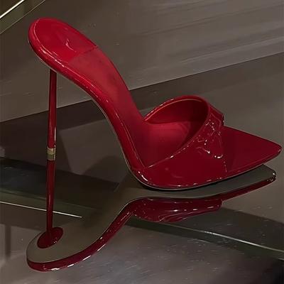 High Heels Pointed Fish Mouth Ultra-thin Heel Patent Leather Simple Cool Slippers New Wear Sexy Red Wedding Sandals Women