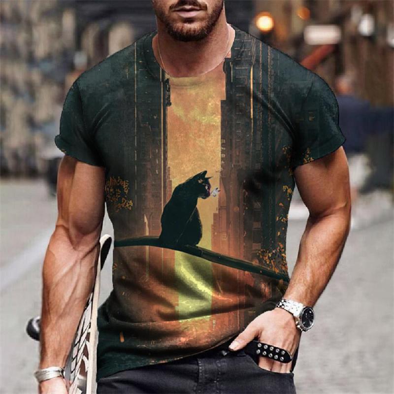Starry Sky Cat Universe Pattern Funny Animal 3D Printed Men's T-shirts Summer Harajuku Short Sleeve O-Neck Tops