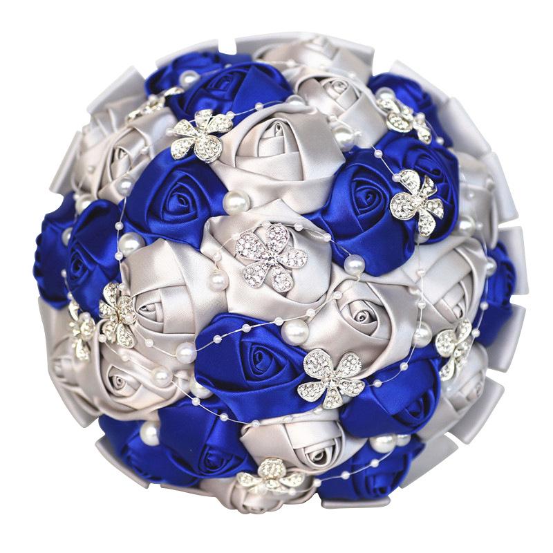 European & American Elegant Ribbon Flower Bridal Bouquet – Beaded Five-Flower Design