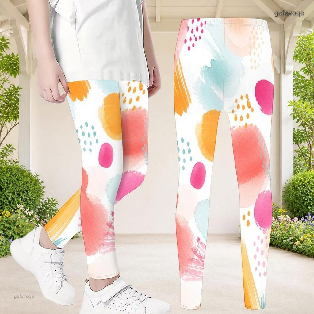 Girls Striped Dotted Printed Full Length Fitted Stretch Waist Yoga Leggings