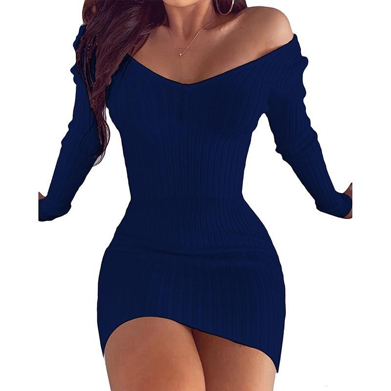 Autumn and Winter Women's V Neck Long Sleeves Slim Thin Hip Dress Warm Sweater