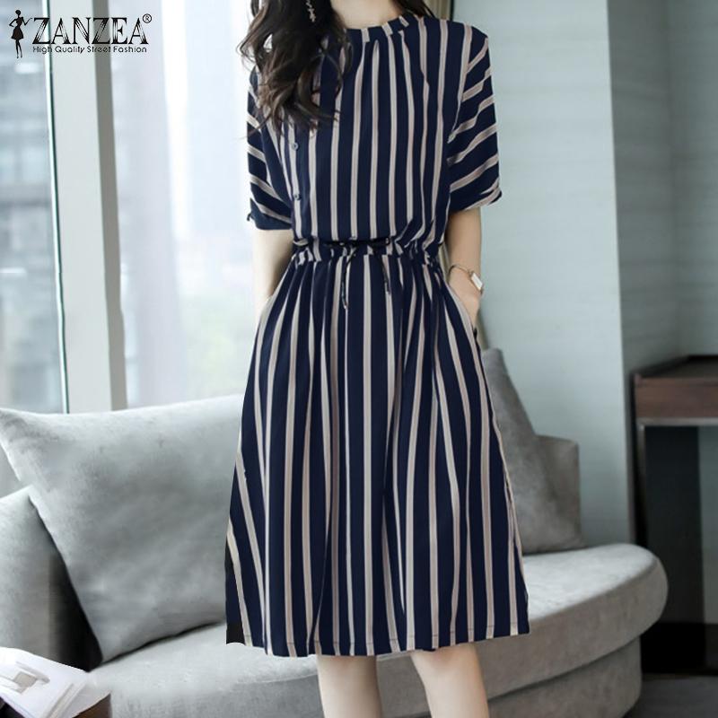 

ZANZEA Повседневное женское платье с коротким рукавом и круглым вырезом с принтом в полоску