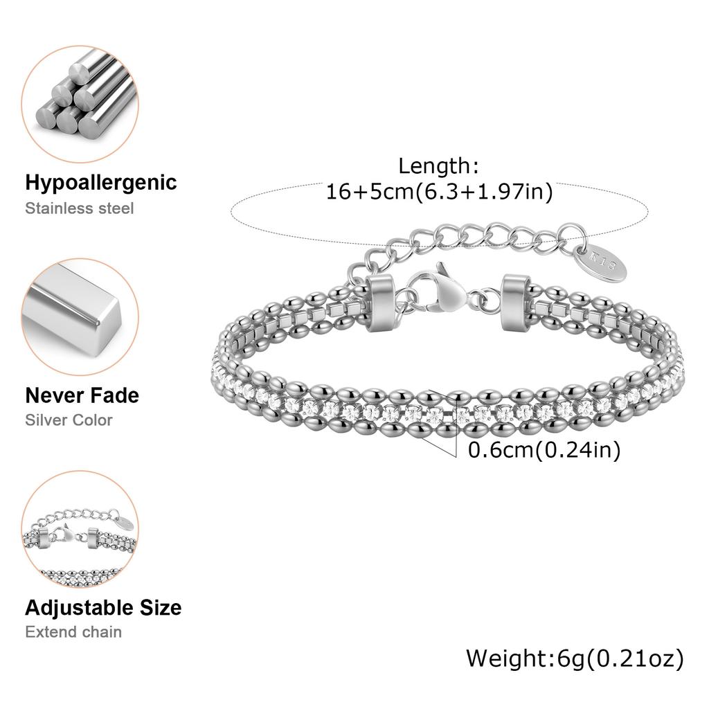 Stainless Steel Double Row Olive Bead White Zircon Bracelet for Women,Gold Color Tennis Chain Bracelets,Classic Jewelry Gifts