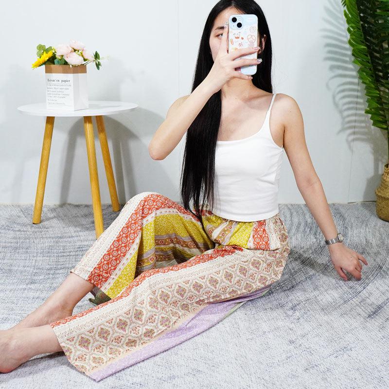 Women's Summer Cotton Silk Nine-Point Wide-Leg Pajama Pants - Plus Size, Loose, Breathable, Cooling, Ideal for Beach and Air Conditioning Comfort