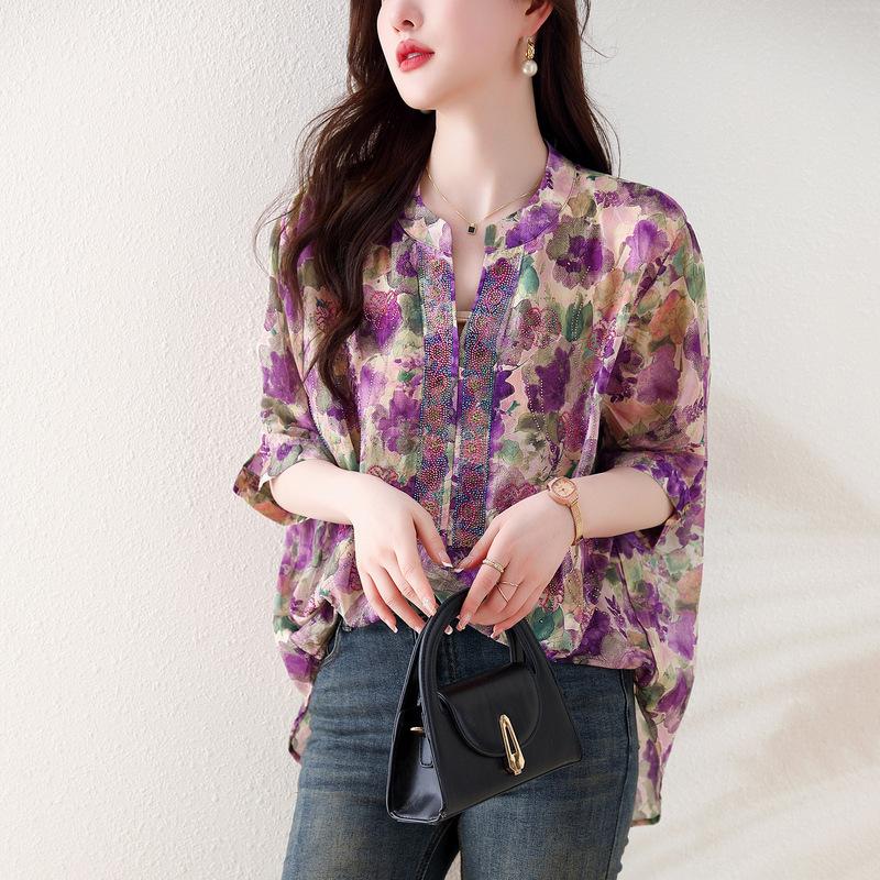 Summer Plus Size Age Reducing Printed Top Women's V-Neck Short Sleeve Shirt Sun Protection