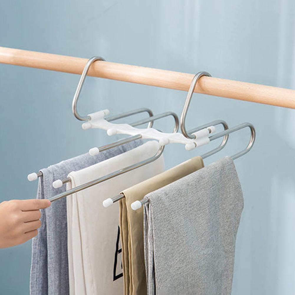 Stainless Steel Folding Clothes Rack Multifunction Telescopic Pants Hanger Space Saving Multi-Layer Pants Rack for Home Storage