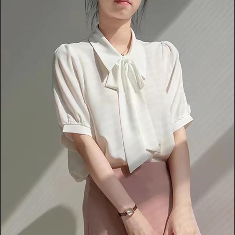 Women's Pink Ribbon Chiffon Short-Sleeve Shirt, Summer Korean Style: Gentle, Sweet, Fashionable, Drapey, Niche Hong Kong Style