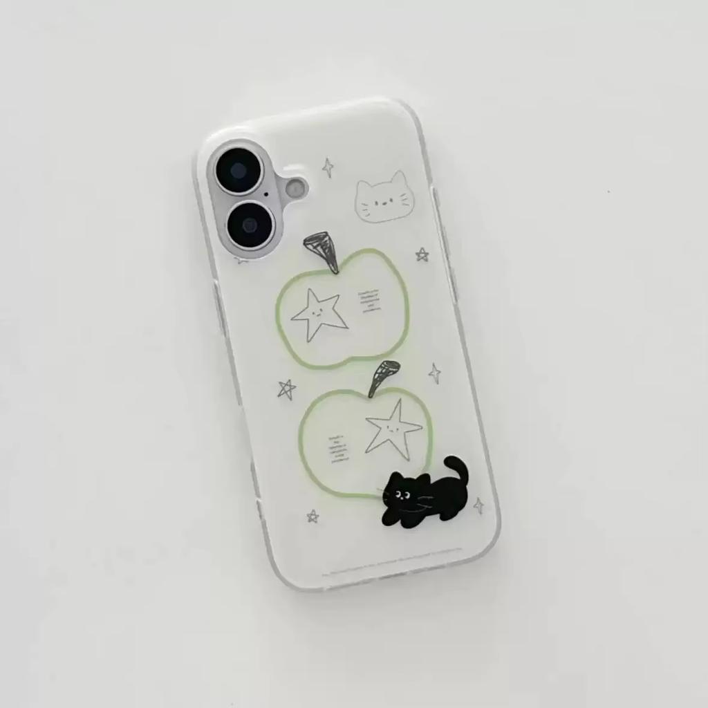 Simple Cartoon Cute Black Cat Lines Apples Stars Phone Case For iPhone 17 AIR 16 15 14 13 12 11 PRO MAX PLUS Dustproof Cover