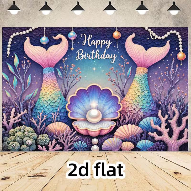 2D Underwater Ocean Mermaid Backdrop, Purple & Pink Birthday Decoration Background