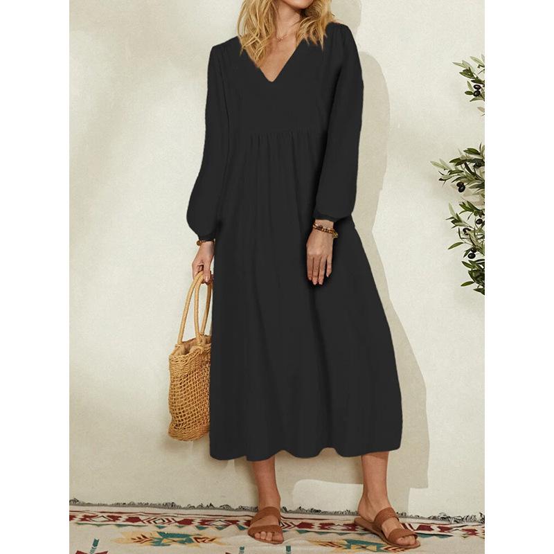 2022 Spring European-American Women's Cotton Linen Lantern Sleeve Dress