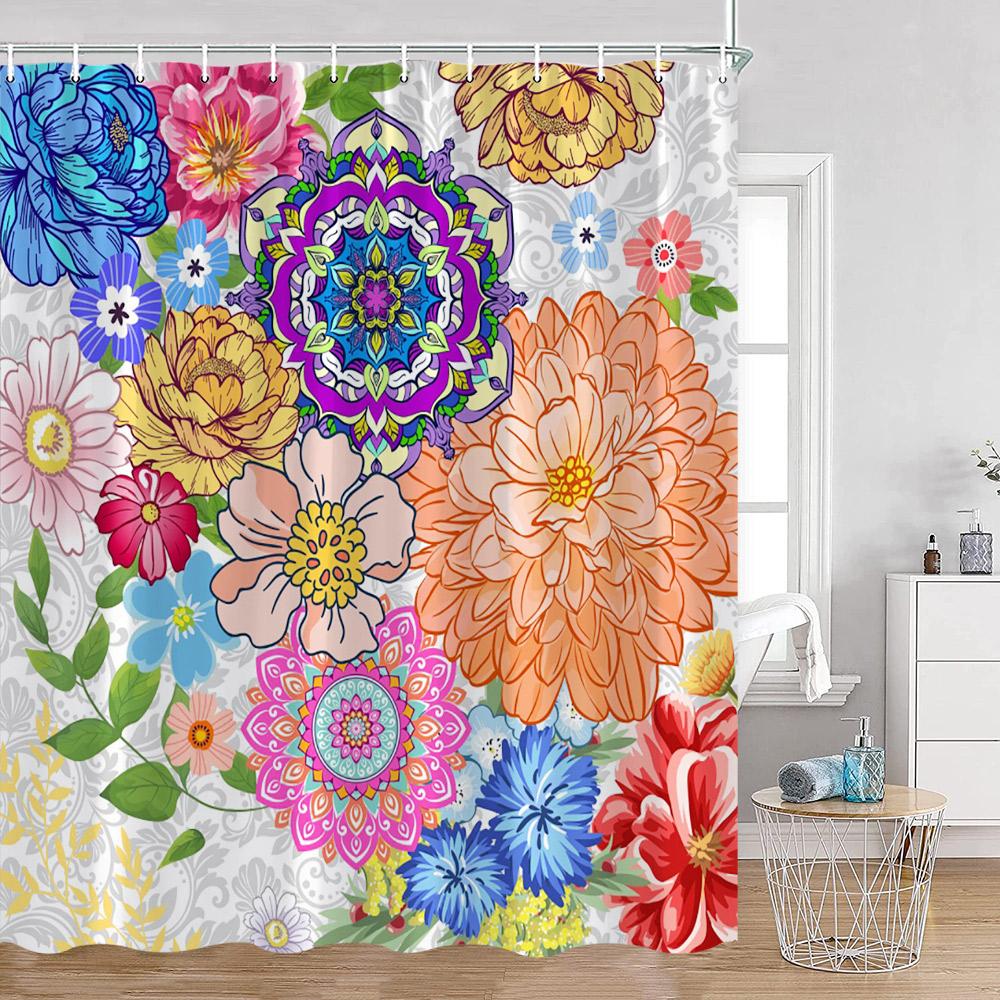Colorful Flowers Shower Curtains Retro Flowers Bohemian Style Plants Botanical Bathroom Curtain Modern Minimalist Bath Curtain