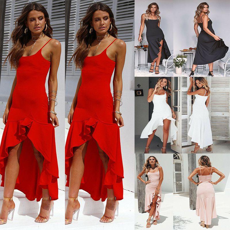 Elegant Women Sleeveless Ruffle Asymmetric Cocktail Long Maxi Sun Dress For Summer