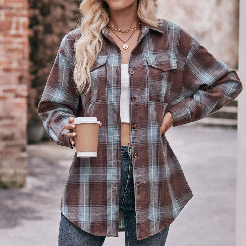 Autumn and Winter New Casual Fashion Loose Plaid Button Shirt Autumn New Products Women's Long-sleeved Top 6803