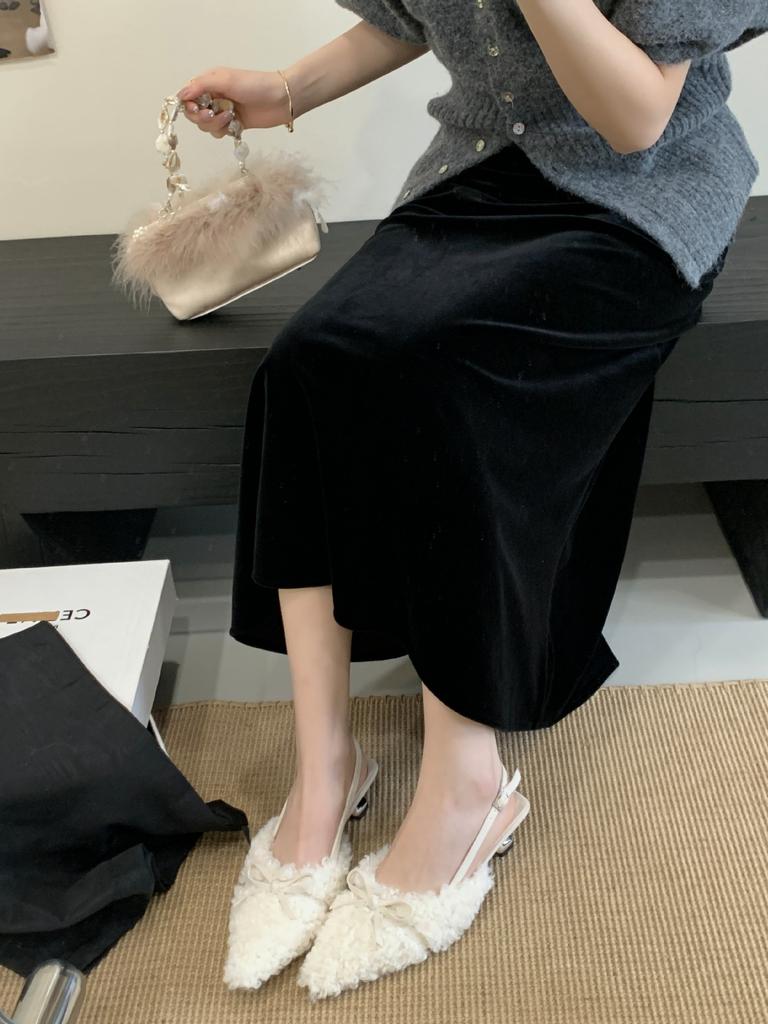 2025 Autumn and Winter New Pointed Thin Heel Plush Sandals European and American Fashion Bow Sweet Bag Head High Heel Fluffy Shoes