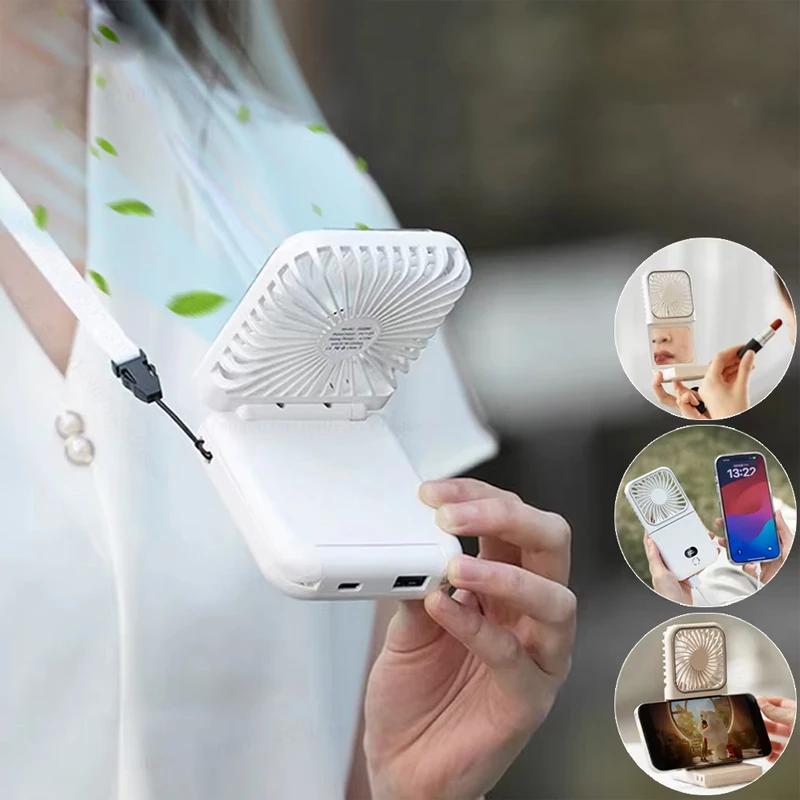 Mini Folding Hanging Neck Fan Portable Foldable Fan Rechargeable Handheld Fans with Power Bank and Mirror Phone Holder Amagi