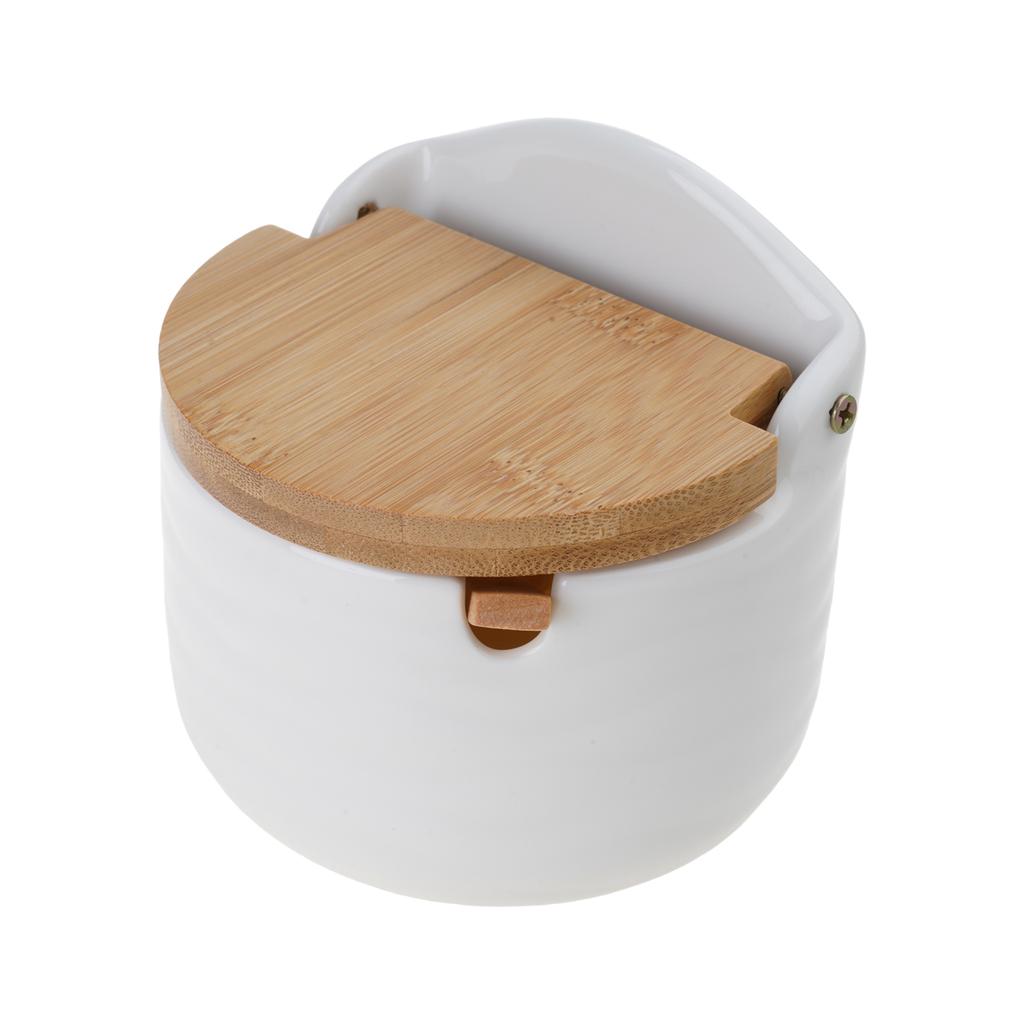 Salt Bowl with Lid and Spoon Ceramic Container for Storing Spices and Seasonings Kitchen Countertop Decorative Sugar Jar