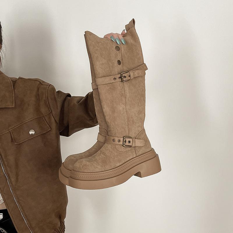 Retro buckle two wear folded thick-soled boots children's autumn and winter design sense fashion suede thick heel knight boots
