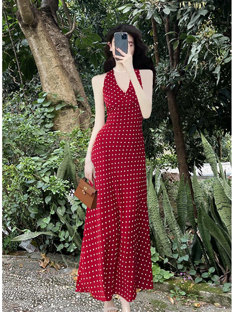 

Весна/Лето 2025 Французское Ретро Красное Платье Макси в Горошек с V-образным Вырезом, Халтером, Открытой Спиной и Шнуровкой M красный