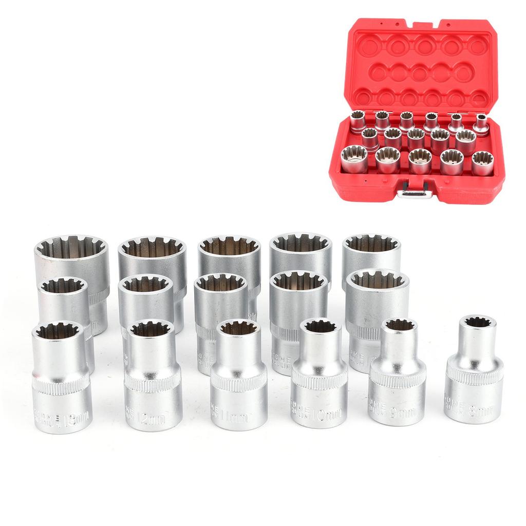 16pcs 12in DR. SAEMETRIC Spline Socket Set Mirror Nickel Finish 12?Corner Universal