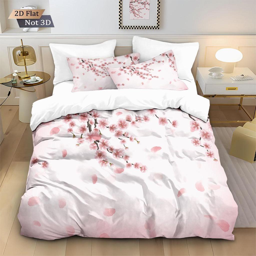Three-Piece Pink Plum Blossom Brushed Duvet Cover Bedding Set - Custom Patterns Available
