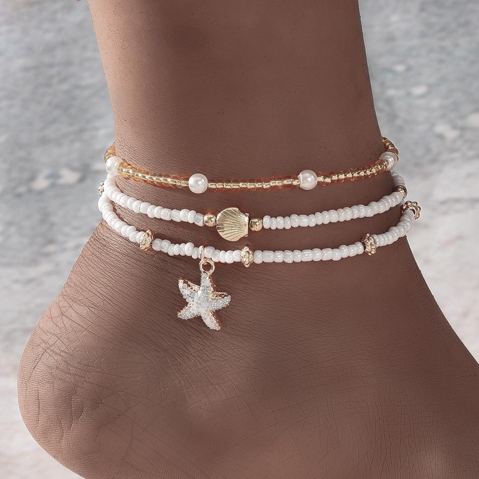 Fashion Bohemian Starfish Shell Design Anklet Set for Women Summer Ocean Element Multi-Layer Faux Pearl Anklets Beach Jewelry