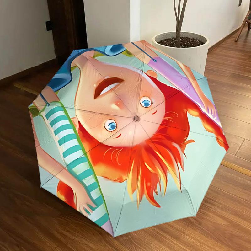 1pc Pippi Longstocking Automatic Folding Umbrella, Portable Collapsible Design, Casual Outdoor Accessory L1127010