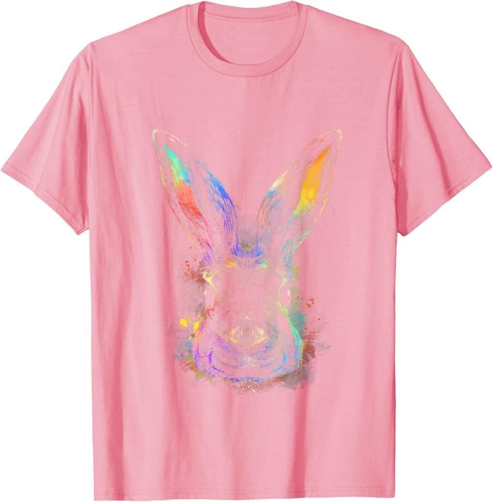 Colorful Rainbow Watercolor Rabbit Graphic Tee Men Casual Crew Neck Daily T-Shirt Easter
