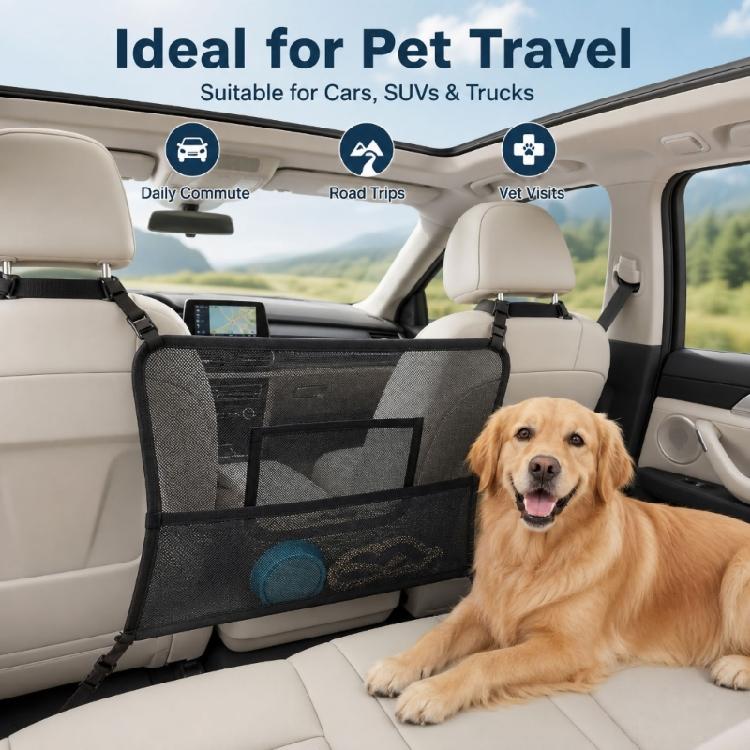 Vehicle Dog Divider Mesh Barrier, Rear Seat Cabin Screen with Headrest Mount, Pocket Detail and 69 X 59 Cm Size Reference, Black, for Car Use