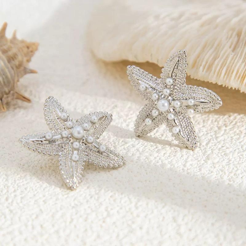 

Summer Ocean Vacation Style Star-shaped Texture Earrings with Small and Simple Pearl Design - Stylish and Unique Jewelry Accessory срібний