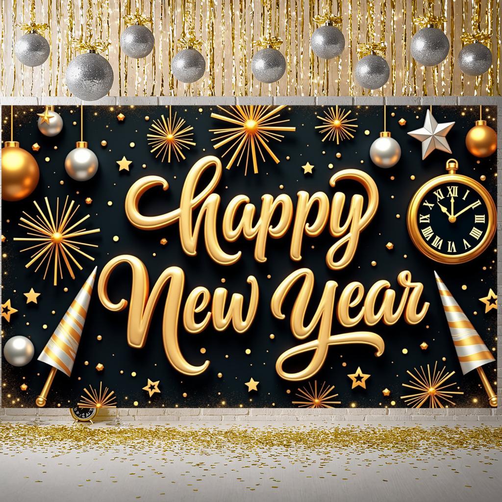 Happy New Year Banner Festive  Holiday Celebration Display Holiday Background Black Background Year-end Display For Office