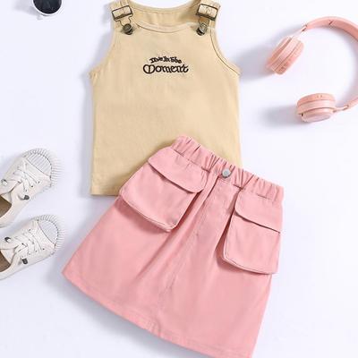 Girls' Set Summer Casual Solid-color Vest and Short Skirt Two-piece Set
