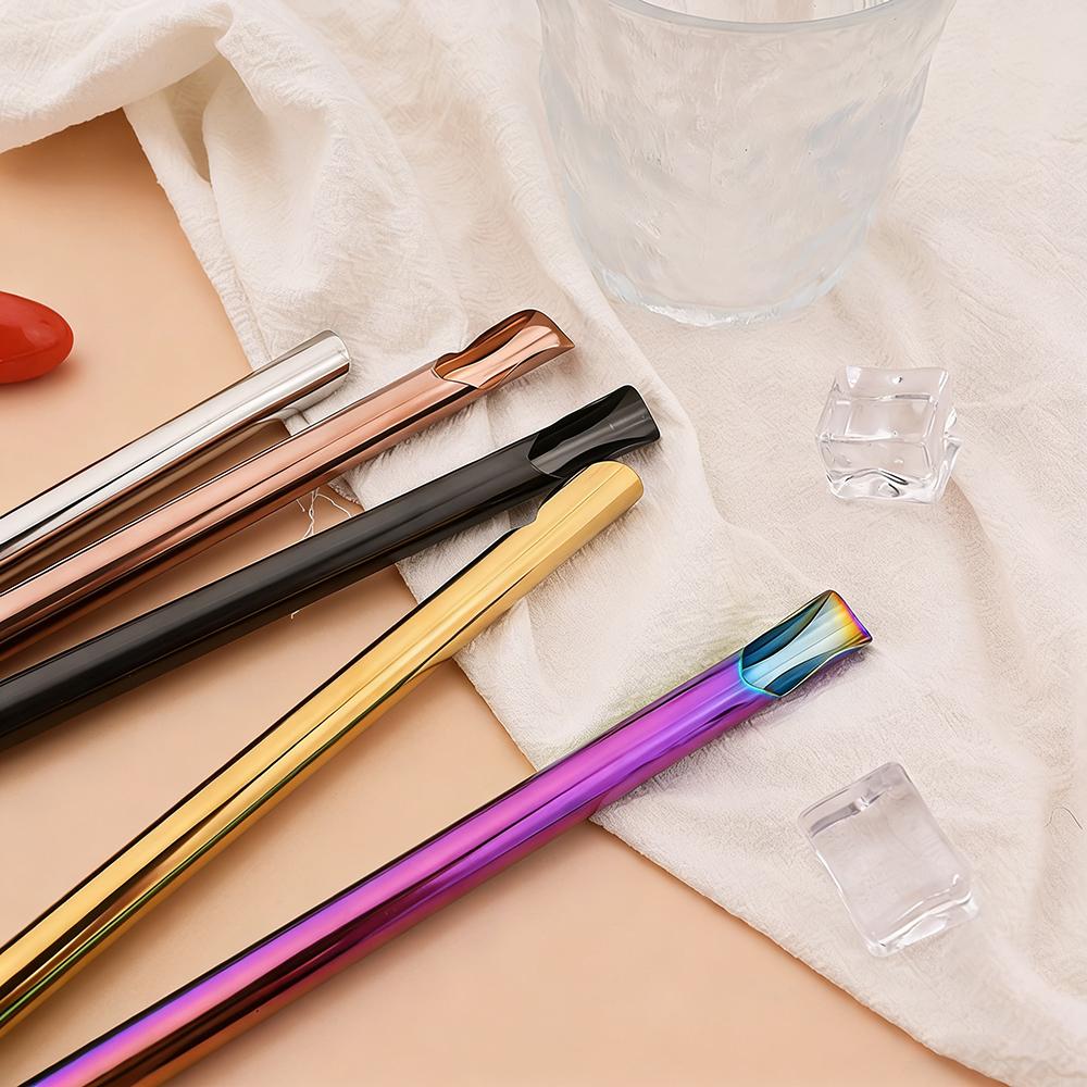 8Pcs Stainless Steel Straw Reusable Pearl Milkshake Bubble Tea Straws with Brush Stirring Smoothie Spoon Shaped Straw Set