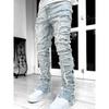 Men's Regular Fit Stacked Jeans Ripped Slim Fit Patch Distressed Destroyed Straight Denim Pants Hip Hop Streetwear Trouser