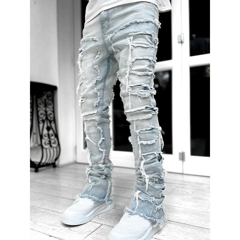Men's Regular Fit Stacked Jeans Ripped Slim Fit Patch Distressed Destroyed Straight Denim Pants Hip Hop Streetwear Trouser