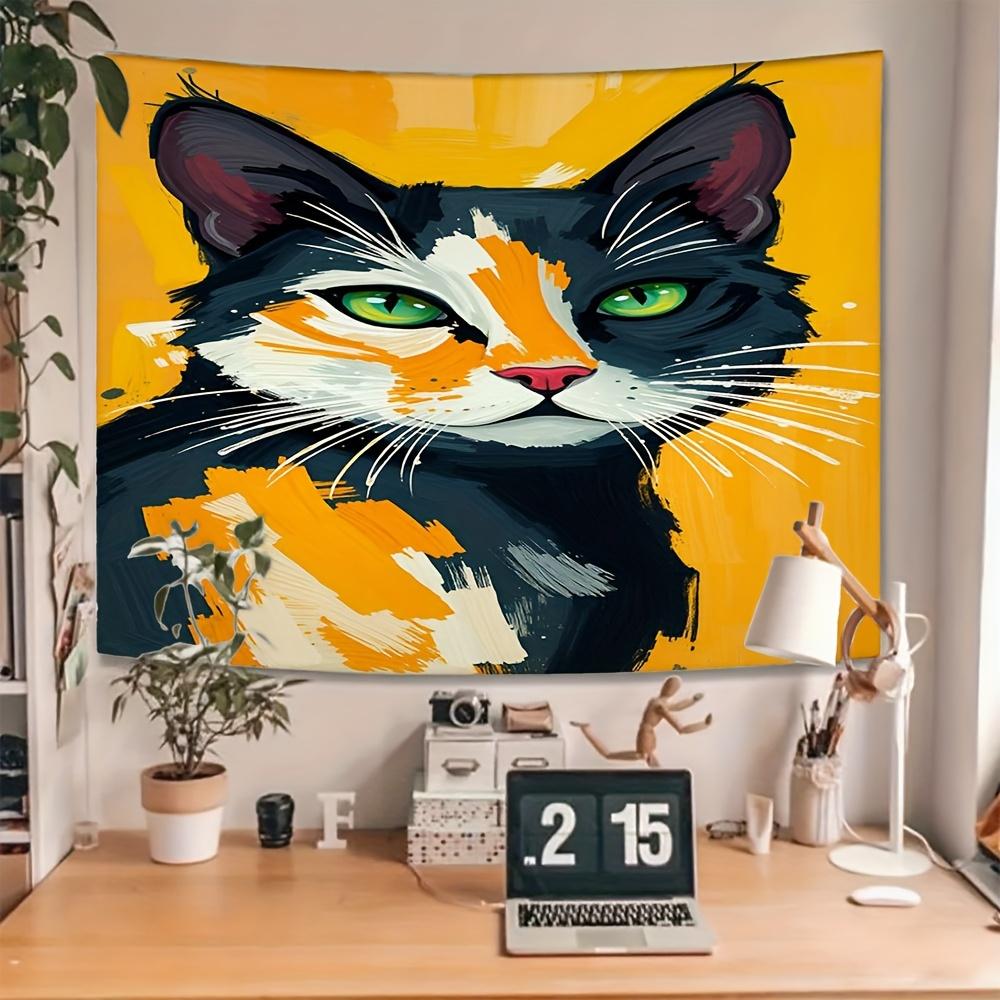Greeneyed Black and White Cat Digital Printing Polyester Wall Tapestry Suitable Use In Living Rooms Bedrooms Offices Bars Party