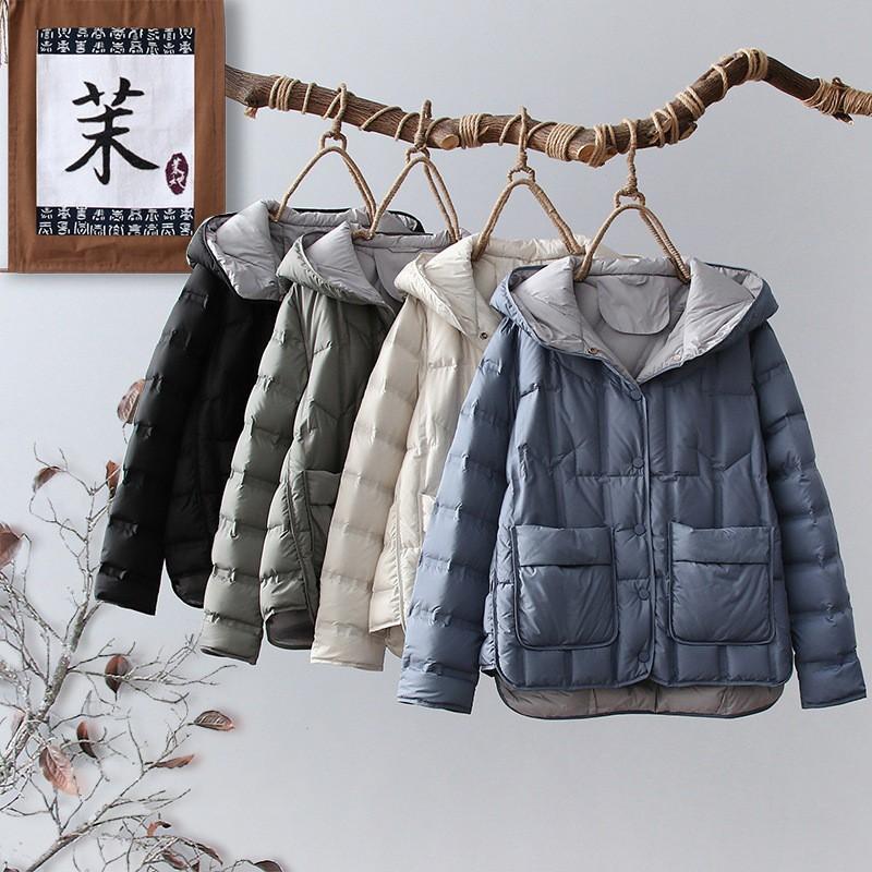 Womens Short Puffer Jacket With Hood Loose Fit Warm Duck Down Coat Winter Urban Casual Wear