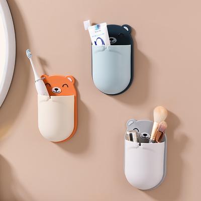 Cute Bear Wall Mounted Toothbrush Holder Cup, Punch Free Storage Rack, Bathroom Supplies Organizer, Bathroom Accessories