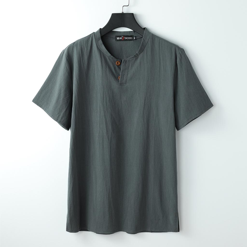 Large Size Men's Chinese Style Slit Stand-up Collar Short-sleeved Fat Cotton and Linen Summer T-shirt Loose Linen V-neck Short-sleeved