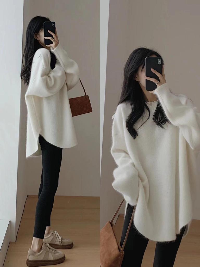 Women's 100% Pure Wool Mid-Length Pullover Sweater - Autumn/Winter Japanese Retro Style with Slit Design.