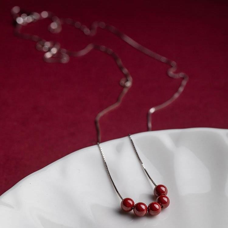Women's Cinnabar Necklace S9Sterling Silver Collarbone Chain Simple and Stylish Pendant, Niche Jewelry Necklace