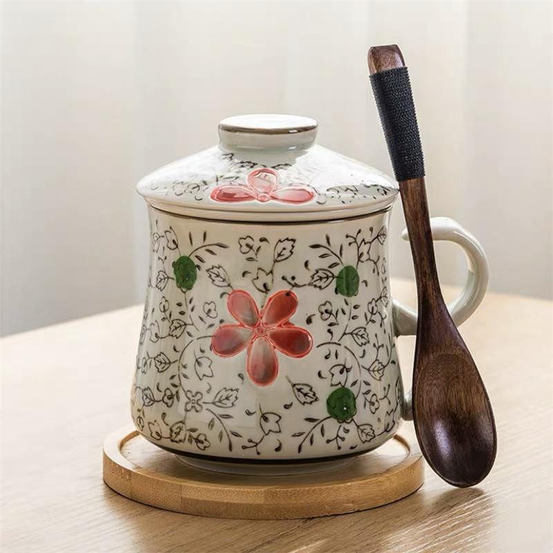 Modrobílý porcelánový šálek na čaj Keramický ručně malovaný Retro hrnek s oddělovačem na vodu a víčkem s filtrem Kancelářské šálky na čaj Nápojové nádobí