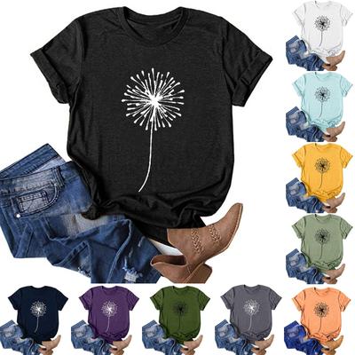 Women Fashion Flower Printing O-Neck Short T-Shirt Loose Blouse Top Shirt