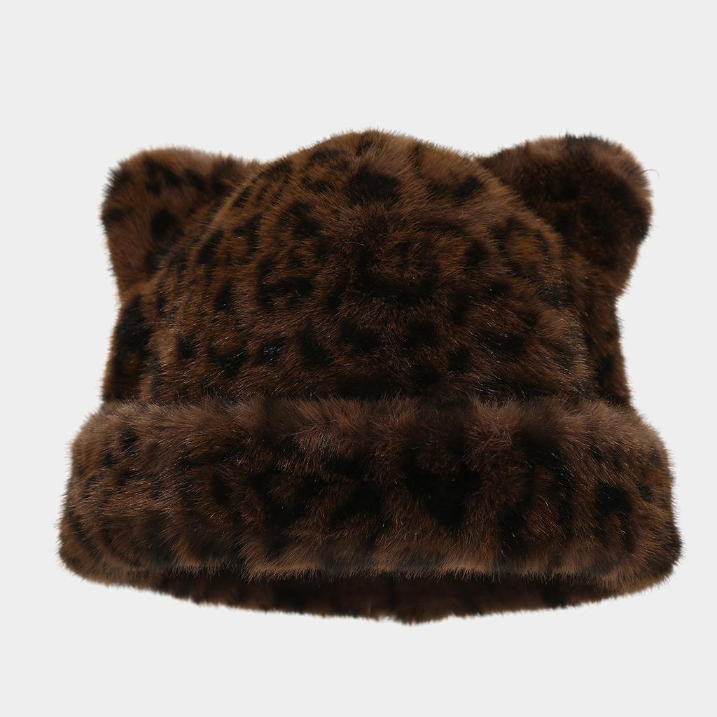 Fox Ears Leopard Print Plush Hat Women's Autumn and Winter Retro Versatile Bald Hat Thickened Cold-proof Warm Pullover Hat