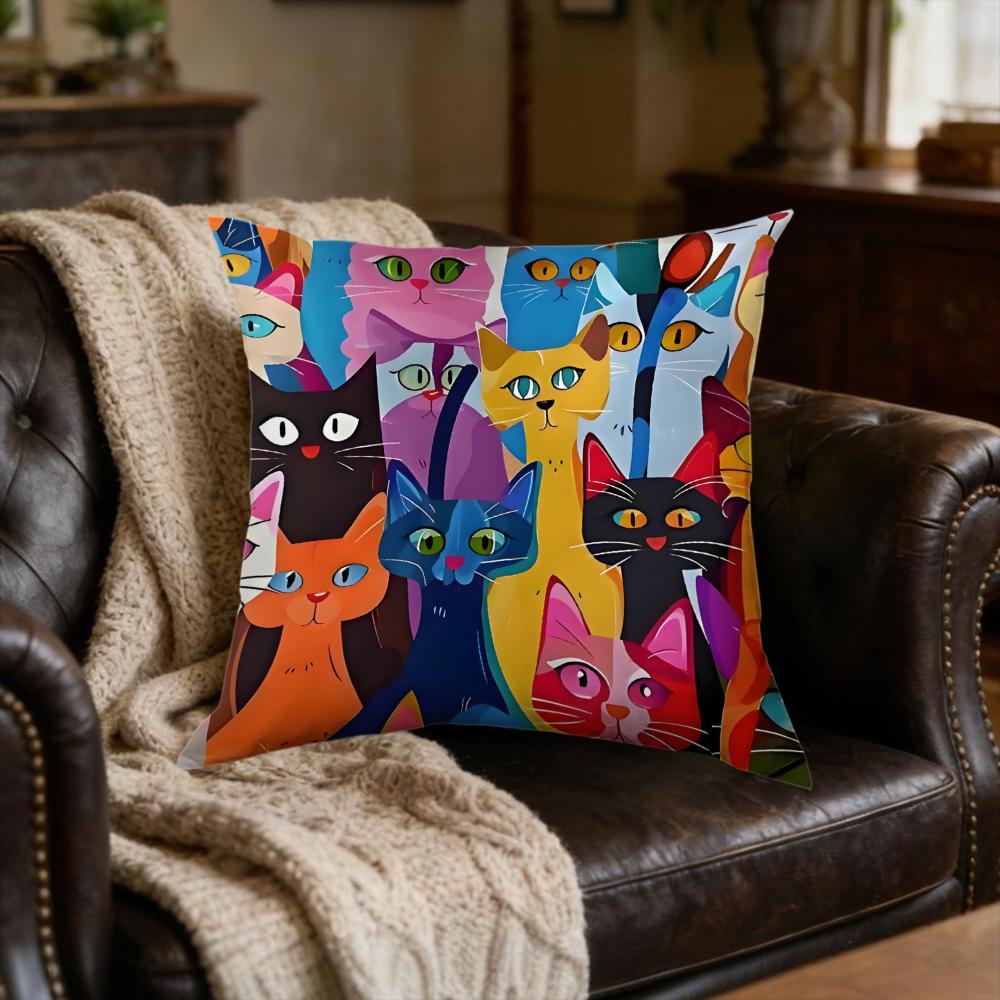 1pc Colorful Cartoon Cat Faces Print Cushion Cover for Sofa Bedroom Living Room Home Decor