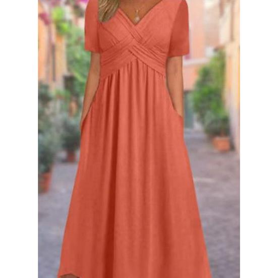 Letní Jednobarevné Šaty Ležérní V-výstřih Krátký Rukáv Střední Až Dlouhá Délka Šaty Dámské Oblečení