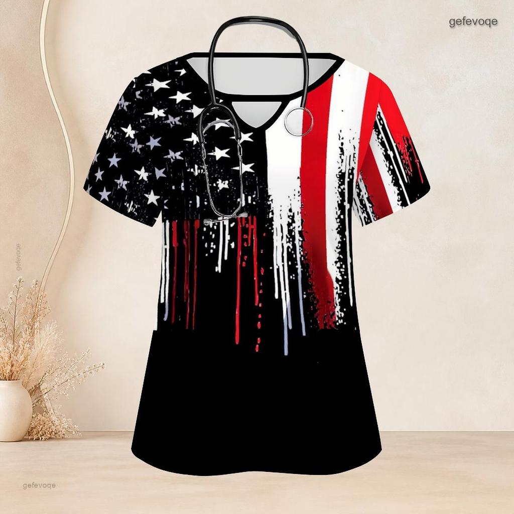 Women Plus Size Keyhole Neck Short Sleeve Butterfly Printed Black Nurse Scrub Top With Pockets