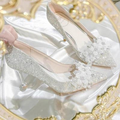 Brand Design Sequin Cloth Wedding Shoes Women 2025 Summer Pointed Toe High Heel Party Dress Pumps Luxury Glitter Flower Shoes