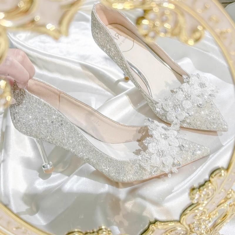 Fashion Brand Design Sequin Cloth Wedding Shoes Women 2025 Summer Pointed Toe High Heel Party Dress Pumps Luxury Glitter Flower Shoes