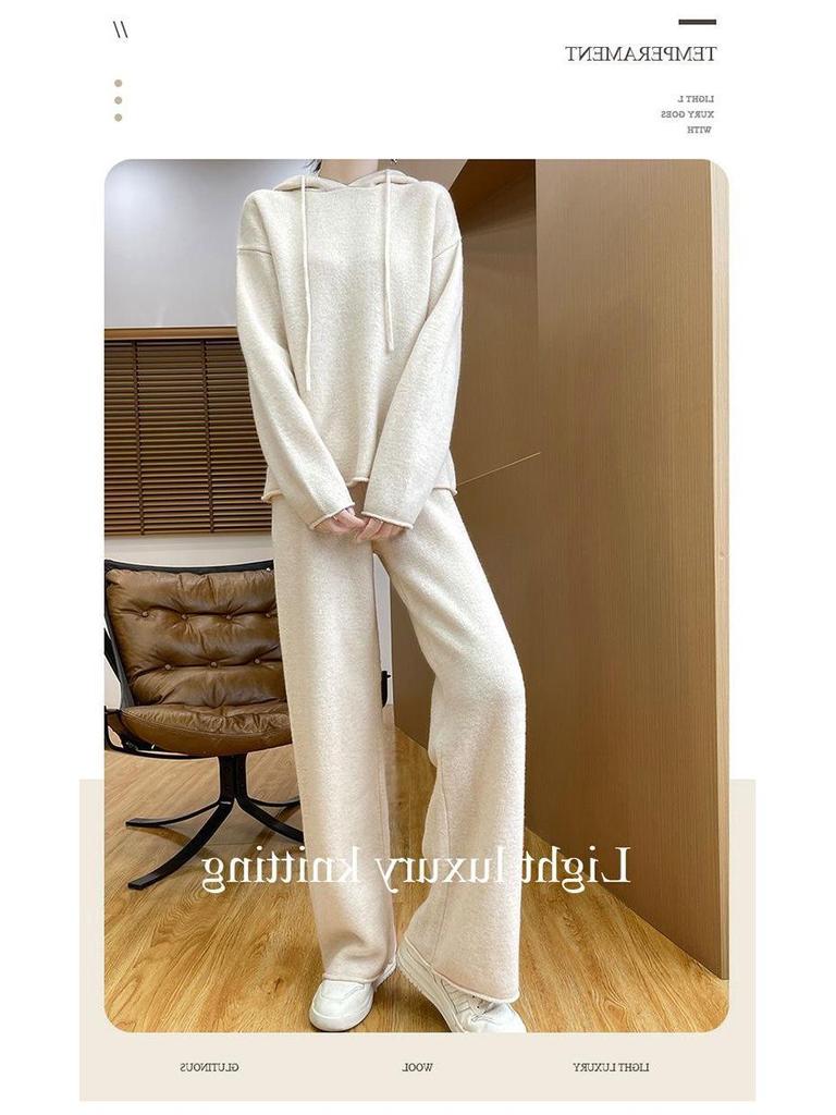 Koreanischer Stil Herbst/Winter 2025 Damen Kapuzen-Strickpullover & Weitbeinige Hosen Set